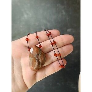 925 Sterling Silver Jasper Station Agate Pendant Beaded Necklace Vintage